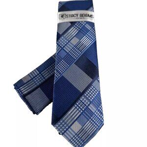 Stacy Adams Men's Tie & Hanky Set Royal Blue Silver Navy Blue Plaids 3.25" Wide